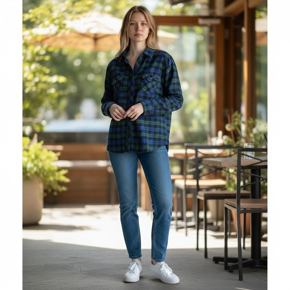 Weatherproof Vintage Womens Blue Green Plaid Flannel Shirt Cotton Small Fall